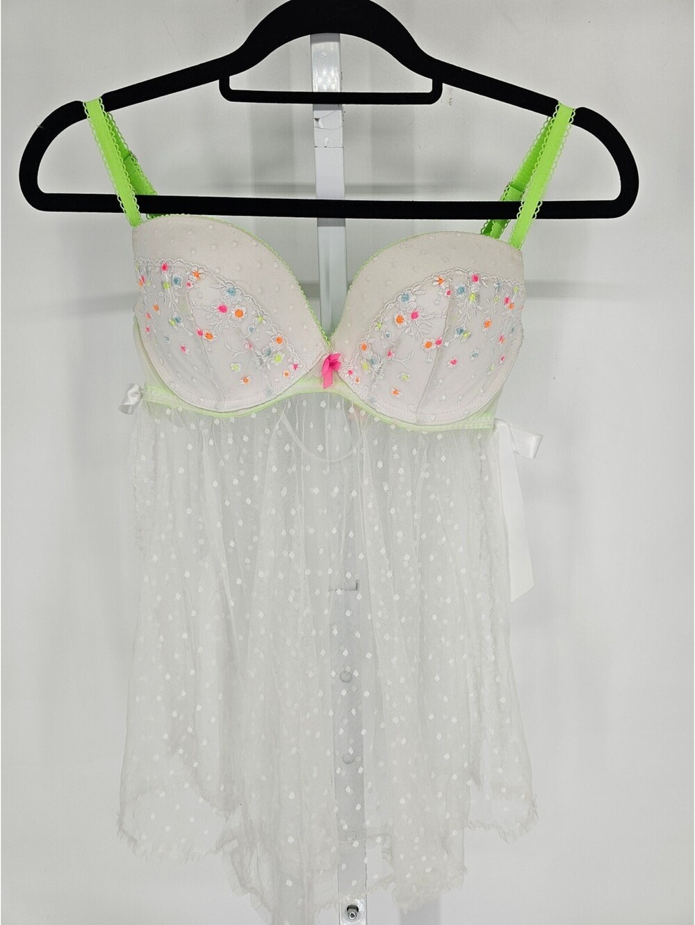 Victorias Secret Womens Sz 36C Nightie White Sheer Mesh w/ Neon Floral